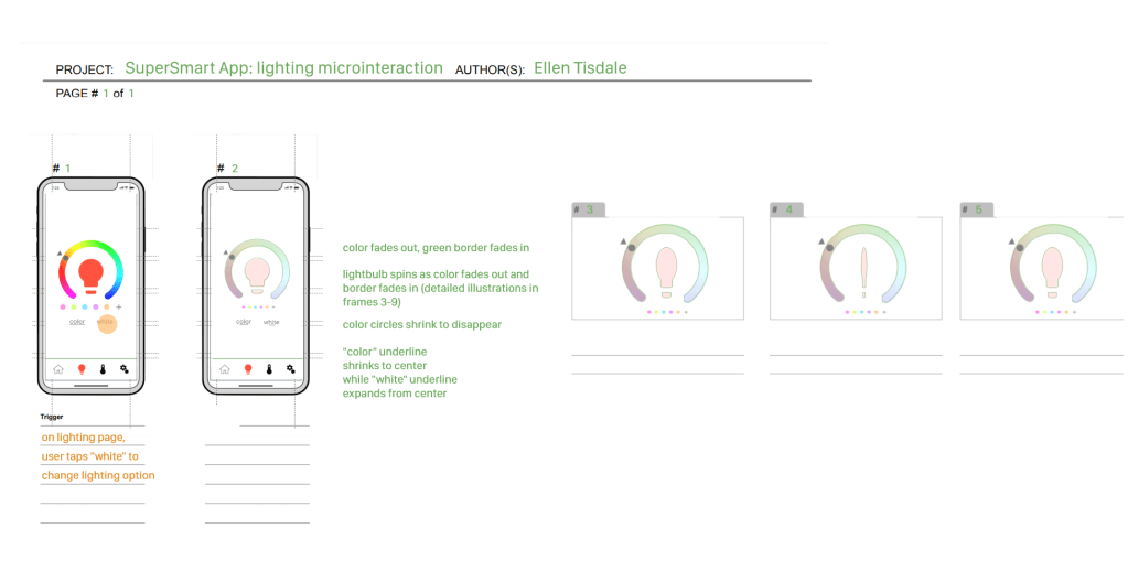 Image of lighting microinteraction storyboard, describing first half of motion changing lightbulb from color to white
