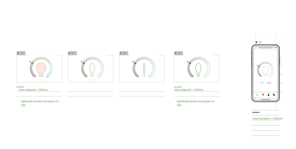 Image of lighting microinteraction storyboard, describing second half of motion changing lightbulb from color to white