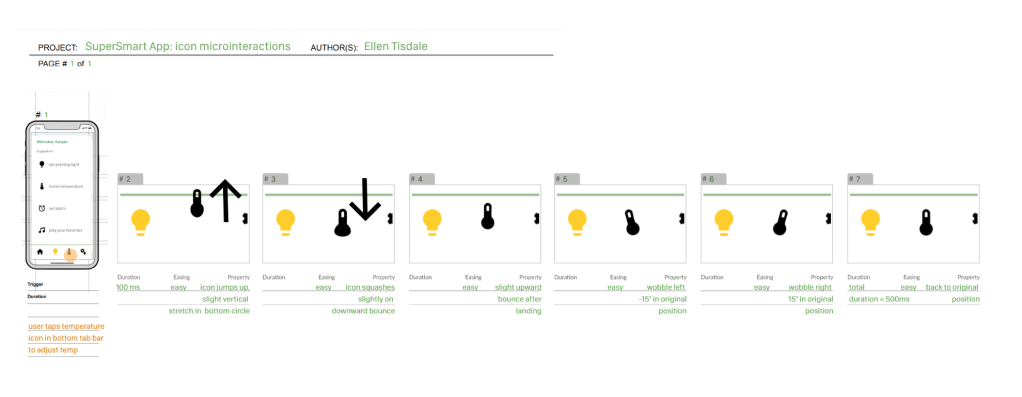icon microinteraction storyboard, first iteration describing a jump and wobble motion