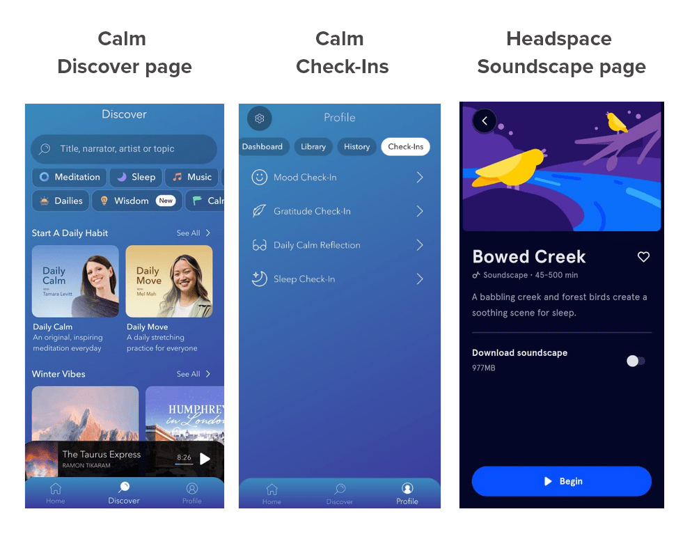 Screenshots of Calm Discover page, Calm check-ins, and the Headspace Soundscape page