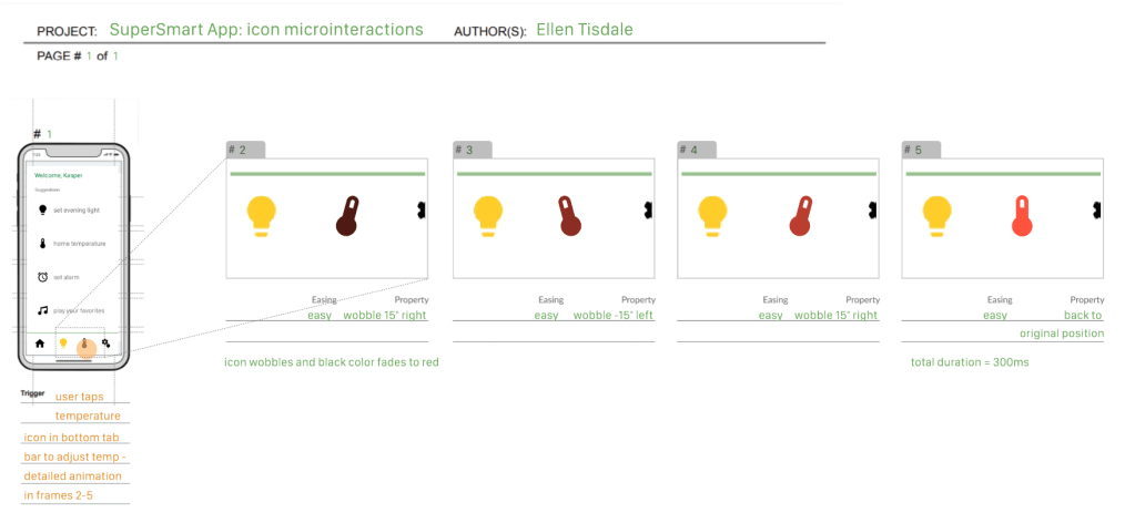 icon microinteraction storyboard, second iteration describing a wobble motion and color change