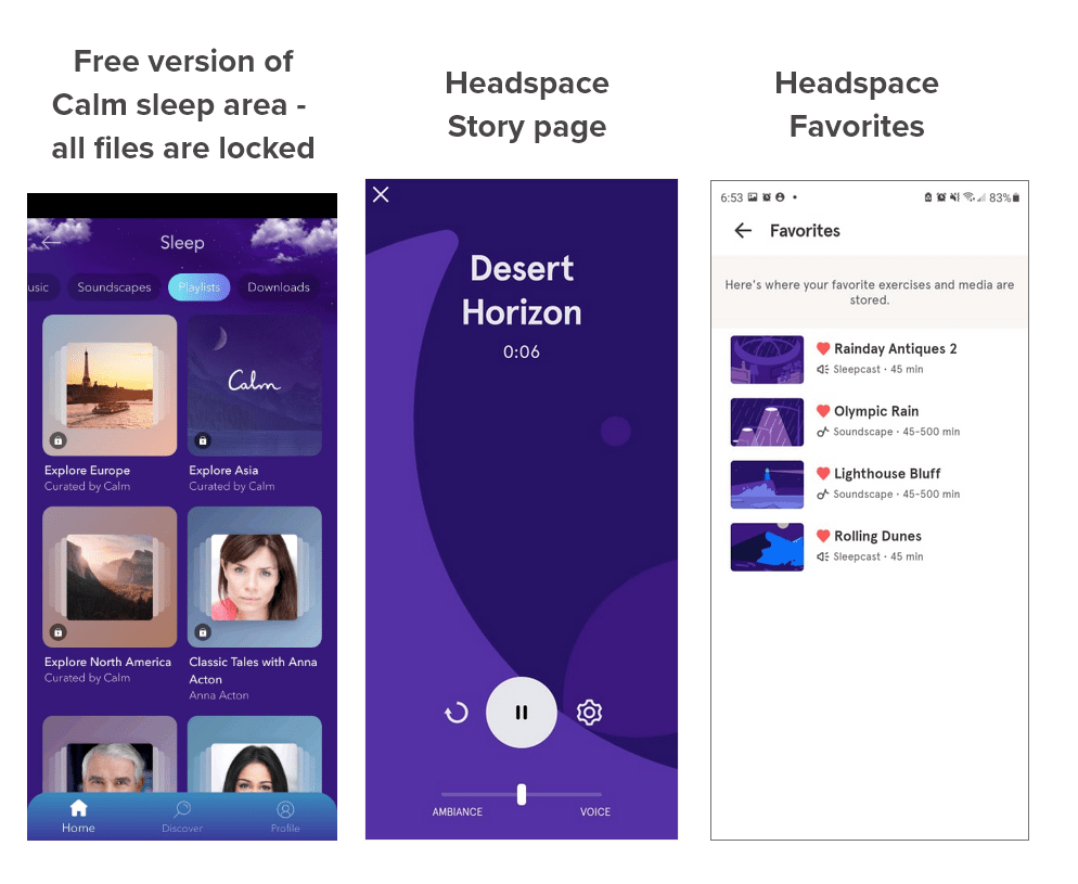 Screenshots of Calm and Headspace pages, illustrating the points made above