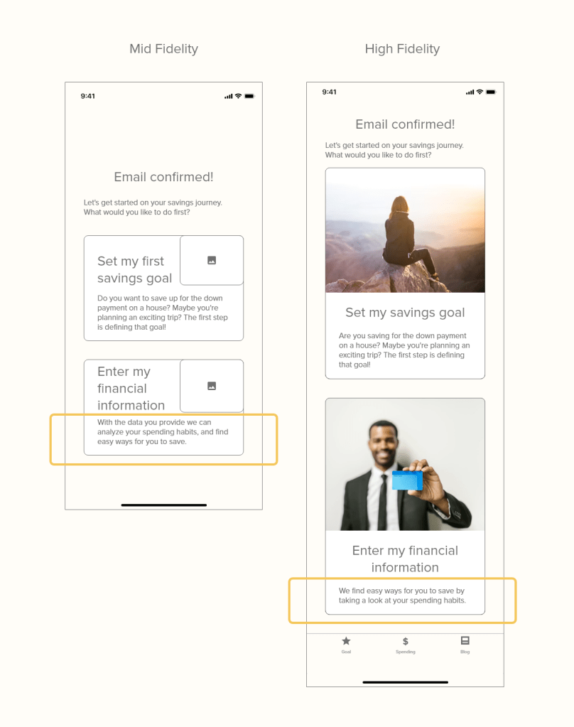 image compares mid and high fidelity wireframes