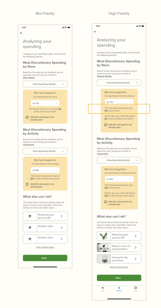 image compares mid and high fidelity wireframes