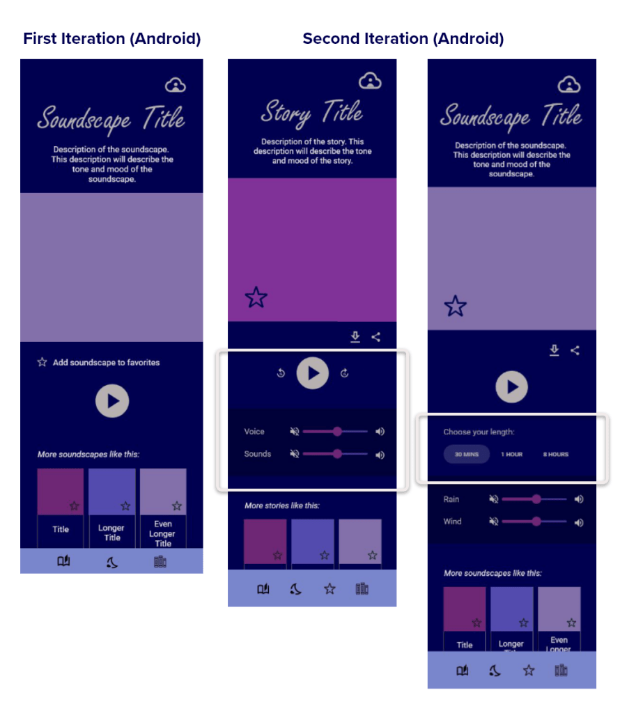 comparison of first and second iteration of Soundscape and Story pages