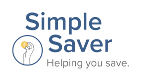 Simple Saver App logo, displaying a hand drawn in outline grasping a yellow coin with a dollar sign. Includes the tagline "Helping you save".