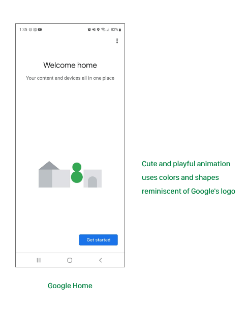 Image of Google Home loading screen. Text reads "Cute and playful animation uses colors and shapes reminiscent of Google's logo".