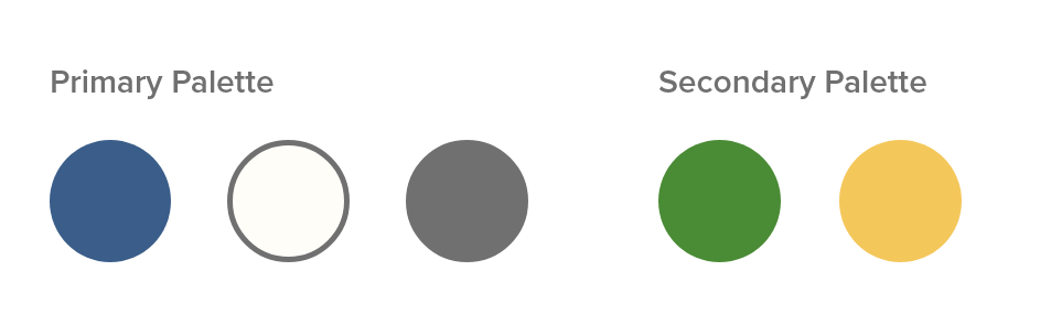 Circles display a primary palette of navy blue, off-white and dark grey, as well as a secondary palette of green and yellow.