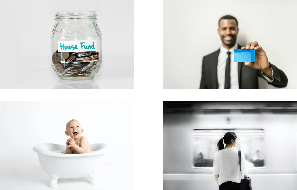 Images display a glass jar full of coins labeled "House Fund"; a man holding a credit card; a baby in a bathtub; and a woman waiting for a train. People in photos are from a variety of ethnicities.