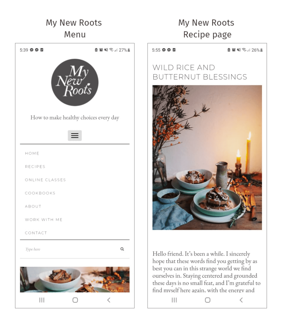 My New Roots menu and recipe page