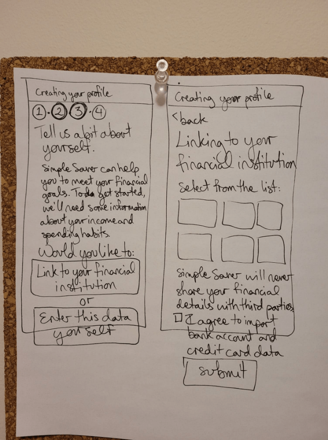 low fidelity wireframe sketch - linking to a financial institution