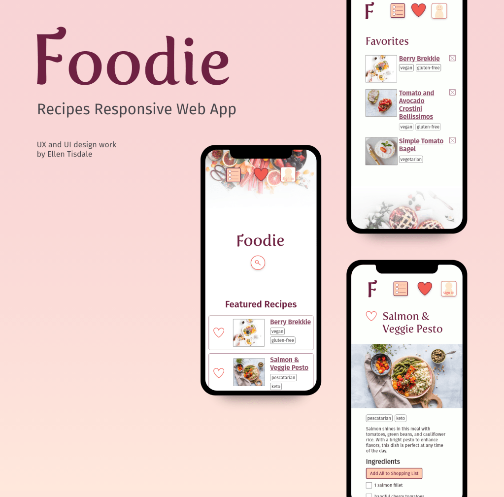 Foodie Responsive Web App. UX and UI design work by Ellen Tisdale.