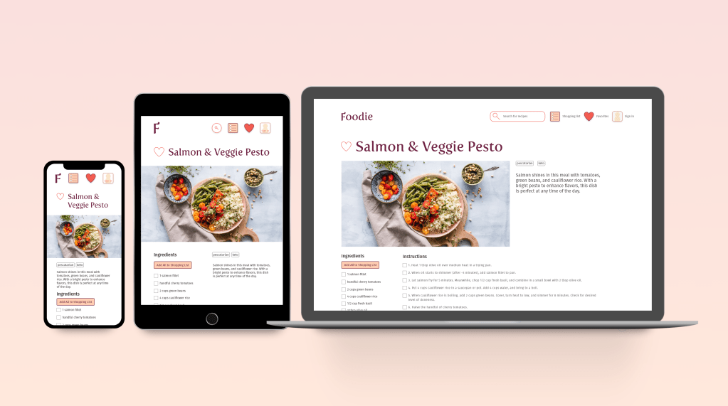 Image displays a recipe page for laptop, tablet, and smartphone screens