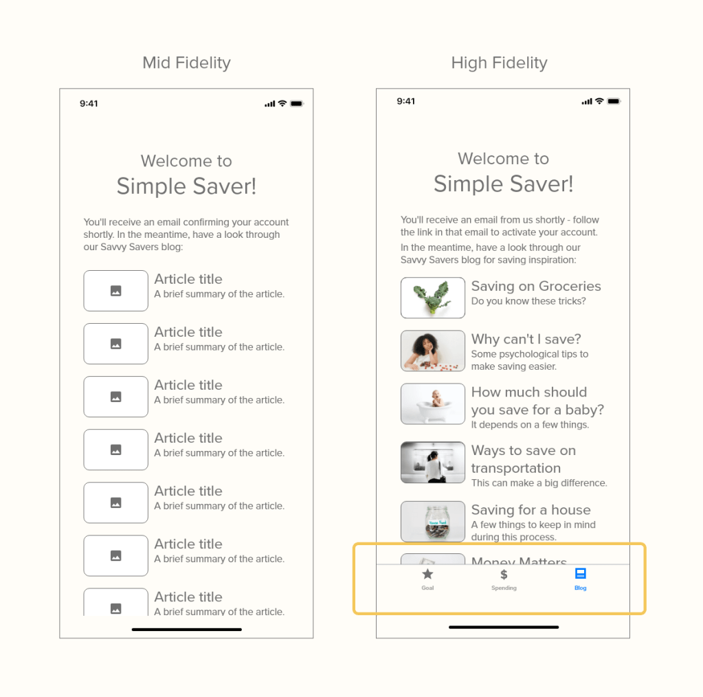 image highlights addition of bottom nav bar in high fidelity wireframe