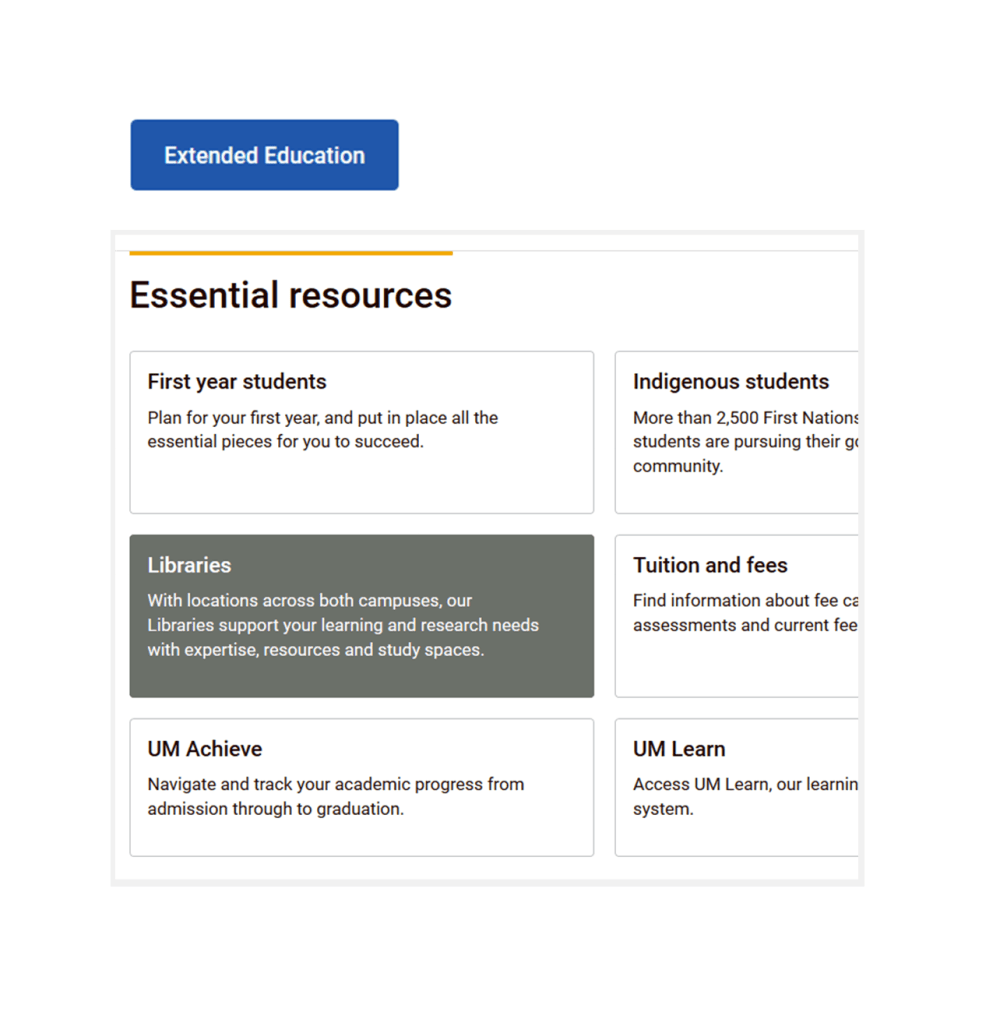 Buttons and cards from updated pages on the university website.